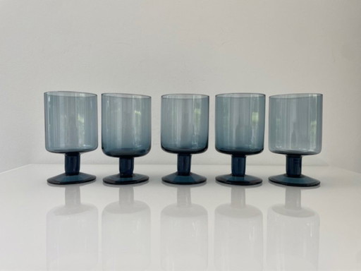 Set of 5 Scandinavian stemmed glasses, blue smoked glass