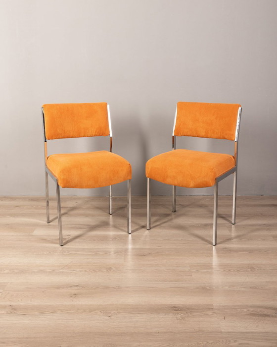 Image 1 of Ensemble de 2 chaises italiennes vintage en velours orange, années 1980