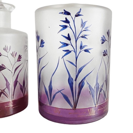 Image 1 of Antieke Moser kristal parfumflesjes set Art nouveau gebrand emaille 19de eeuw