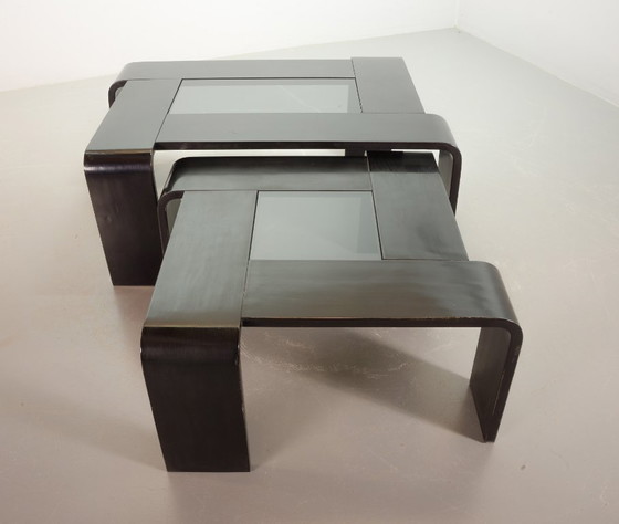 Image 1 of Mid-Century Design Rectangle Ake Fribyter Style Black Lacquered Plywood Coffee Table with Smoked Glass Panel, 1970s