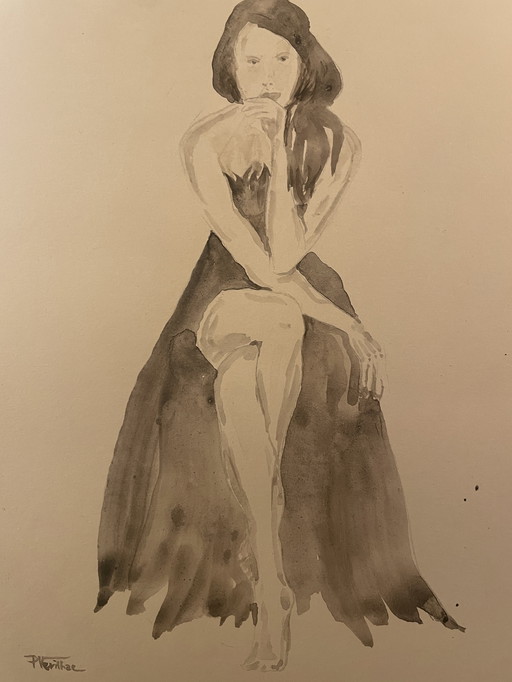 Watercolor Sepia Portrait of a Woman "La Robe Noire" (The Black Dress)