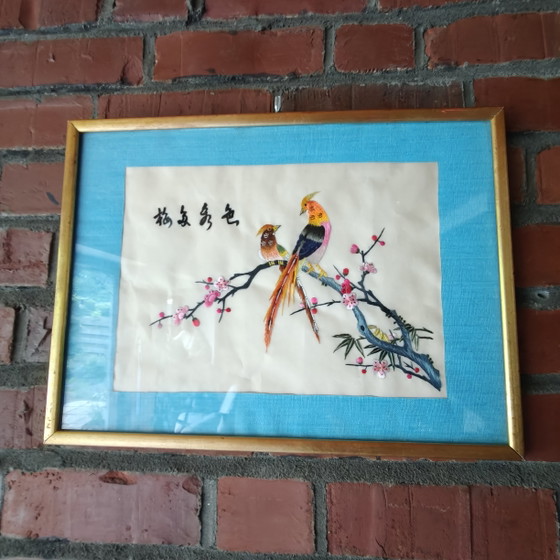 Image 1 of Vintage Chinese Silk Embroidery Birds Wall Art – Framed Mid Century Textile