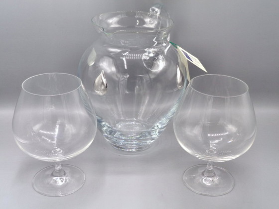 Image 1 of Karaf van geblazen glas met 3 druppels van 925 zilver en 2 proefglazen van geblazen glas.