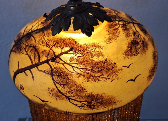 Image 1 of Antique Signed Reverse Painted Bronze Table Lamp, 1910-20