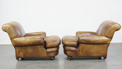 2 x Beef Leather Vintage Design Armchair on Wheels