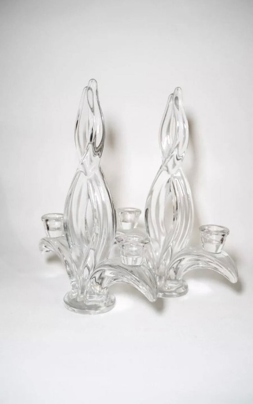 Pair of Vannes crystal candlesticks, fleur-de-lis motif, mid-century