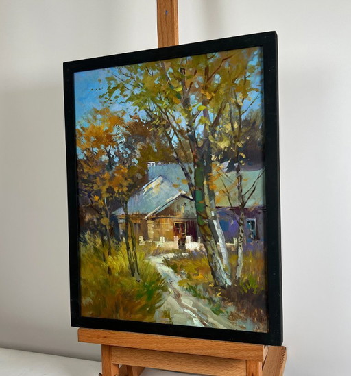 Original Oil Painting Autumn Village Landscape The rustle of autumn outside the window
