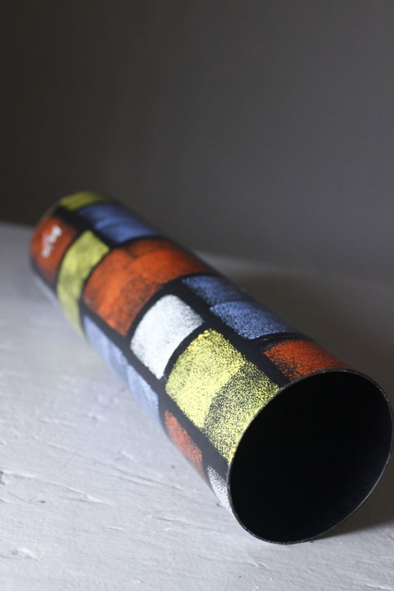 Image 1 of Vintage modernist design brass painted roller vase in the style of Mondrian, Italy, 1950s