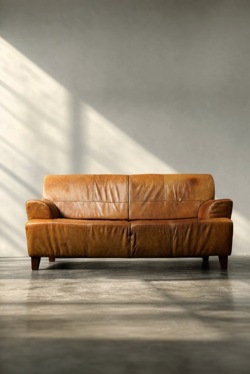 Vintage driezitsbank van bruin leer in industriële mid-century modern stijl, jaren 60. – 3 5 zitsbanken, Leather