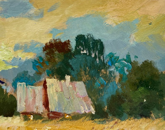 Image 1 of Original Oil Painting Evening Church Landscape Golden fields and sunset
