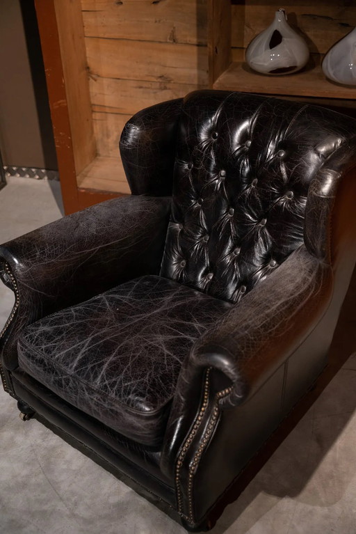 Chesterfield Timothy Oulton Fauteuil Zwart Craqulee leer