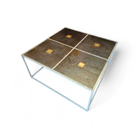 Table basse brutaliste unique des années 80 avec plateaux lourds en métal / cuivre / acier – Livres d'art (photo 7 of 8)