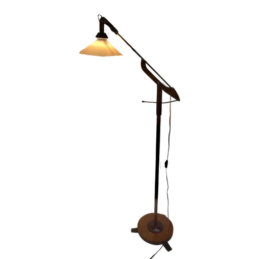 Vintage - Teak wooden - Floor lamp with foldable arm - Opaline Glass shade - Denmark, ca. 1950