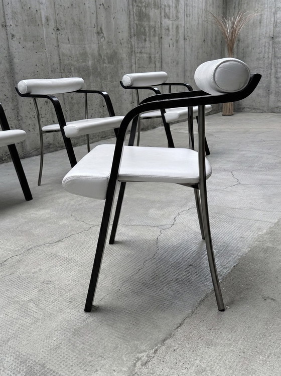 Image 1 of 4x DINING ROOM CHAIRS ITALY LEATHER WHITE WOOD BLACK METAL 1980s