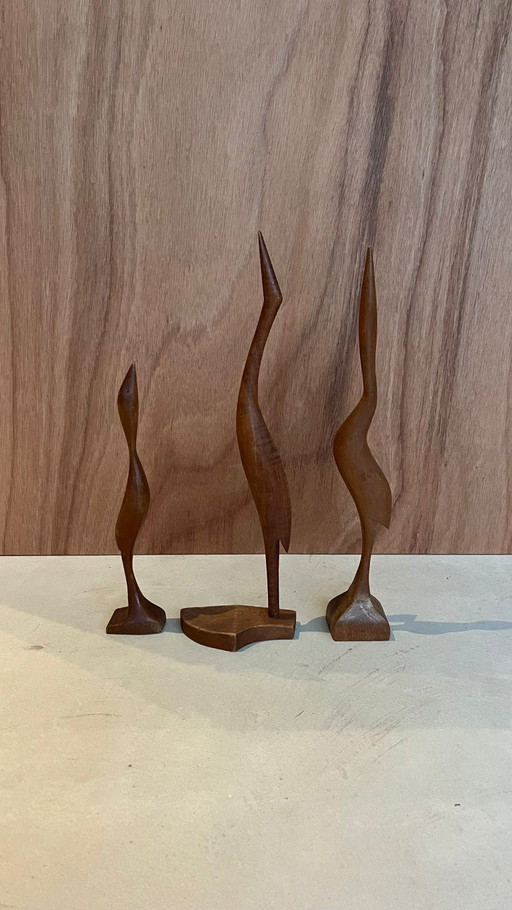 Statues de grues vintage en bois de teck, représentant des hérons