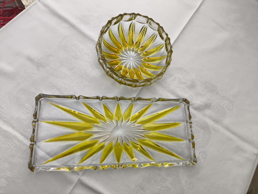 Walther Glas Sunburst Bowl & Platter amber/clear – 70s Retro Set MCM