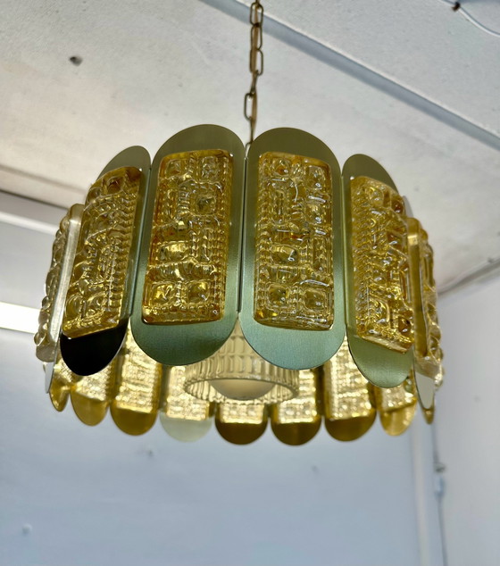 Lampada a Sospensione Plafoniera Vintage Vitrika Vetro Ghiaccio Anni '60 Danimarca, Plafoniere, Metallo (foto 10 di 14)