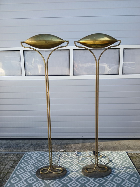 Rare pair (2x) Vintage Florian Schulz 'Dona' Brass Uplighters (1979), Floor lights, Stone, Gold (photo 8 of 10)