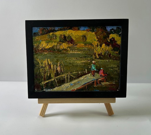 Original Oil Painting Fall Coastal Landscape At The Autumn Shore – schilderijen tekeningen, Canvas