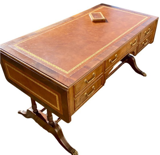 Image 1 of Englischer Schreibtisch, doppelseitige, flache Platte mit Mahagoni-Verlängerungen