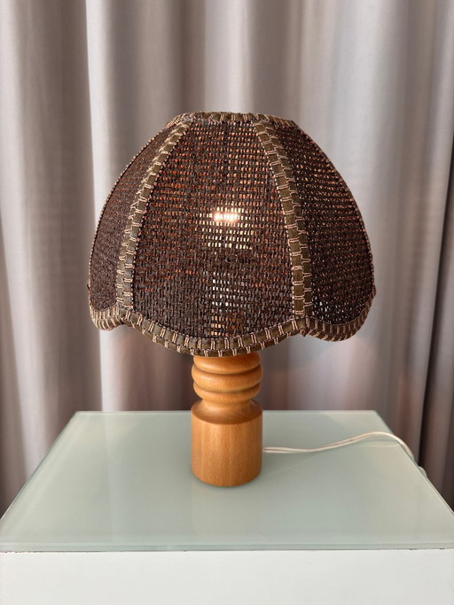 Lampe de table vintage tressée – Bois et rotin – Années 1970 – tafellampen, Wood