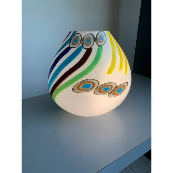 Image 1 of Milky-White Murano Glass Style Table Lamp Featuring Multicolored Reeds Vase
