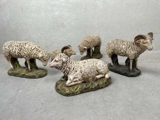 5 figuras antiguas de ovejas pintadas a mano - 1903