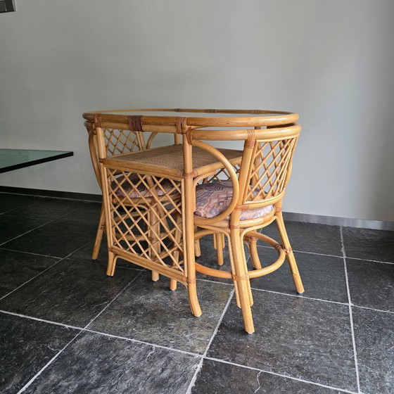 Vintage bamboo and rattan dining set (bistro set) with glass top (photo 4 of 10)