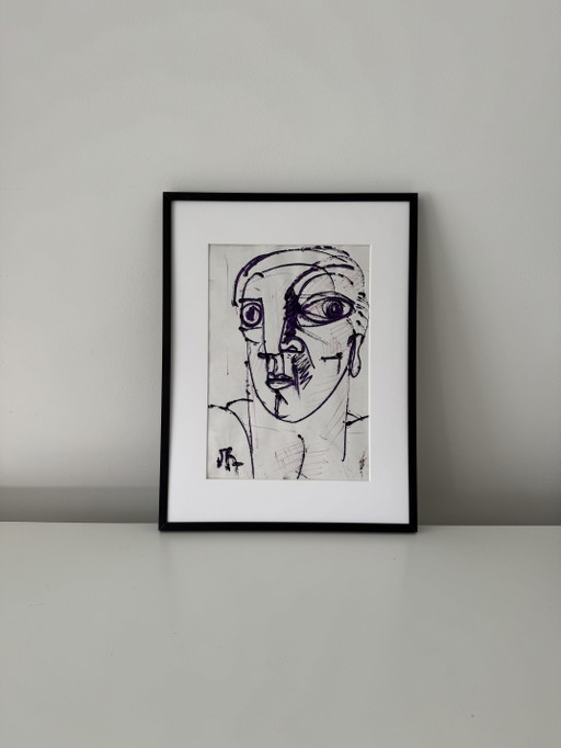 Original Patrick Boudon Drawing – Expressionist Portrait – schilderijen tekeningen, Paper (photo 2 of 6)