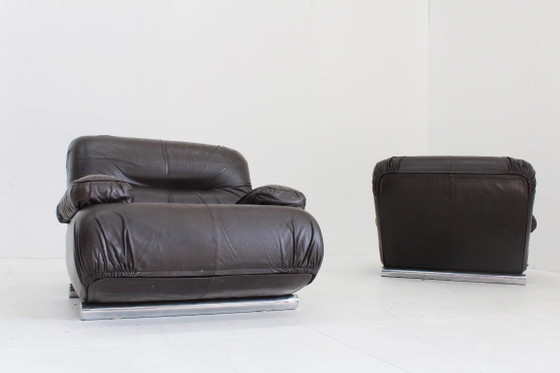 Giuseppe Munari Lounge Chairs Brown Leather 1970s, Italy Set Of 2 – Fauteuils (photo 6 of 9)