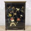 Mobiletto cinese vintage laccato nero con uccelli e fiori, mobiletto bohémien (mobile TV), mobiletto orientale