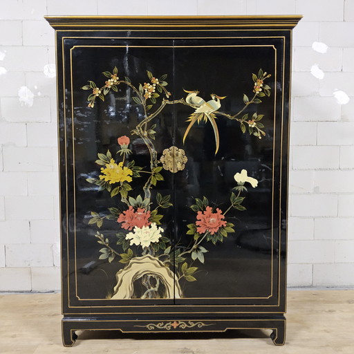 Meuble vintage chinois en laque noire orné d'oiseaux et de fleurs, meuble bohème (meuble TV), meuble oriental