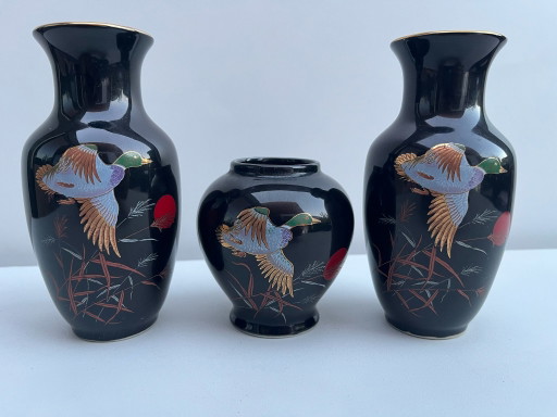 Set of 3 Vintage Japanese Vases - Black Ducks - Fine China Japan - 14cm & 8cm