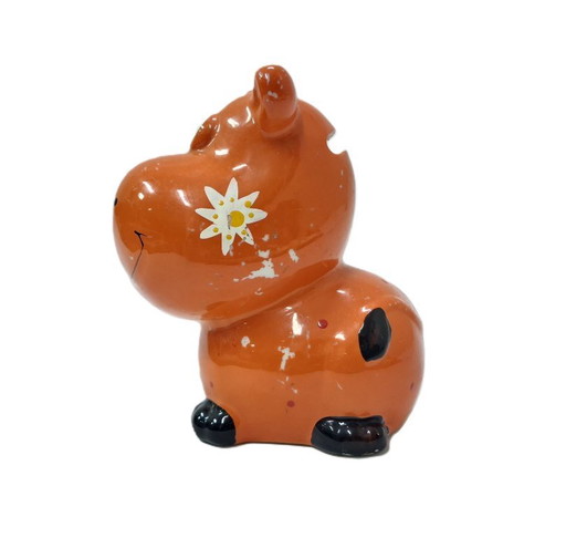 Vintage Ceramic Hippo Coin Bank – Whimsical Orange Folk Art 