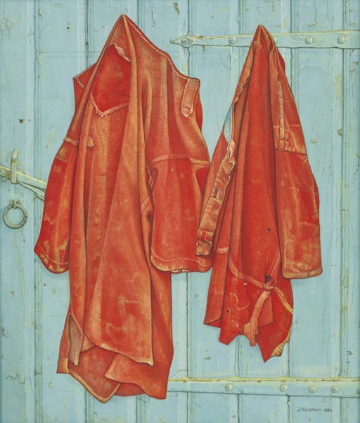 Jopie Huisman--Giclée couleur Chemises rouges sur porte bleue