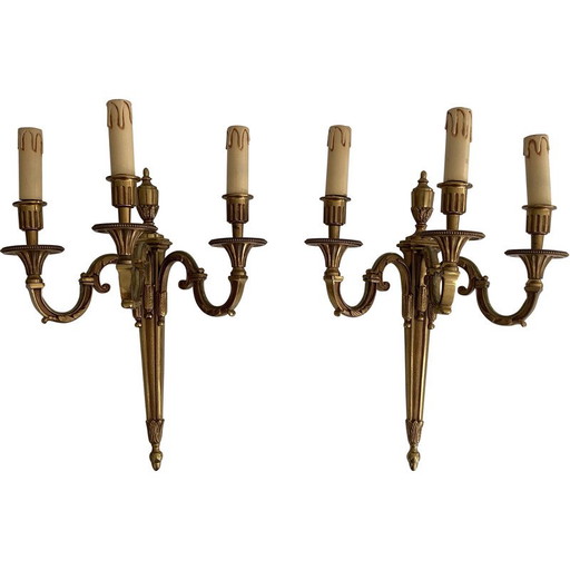 Coppia di lampade da parete vintage in bronzo a 3 bracci, 1950