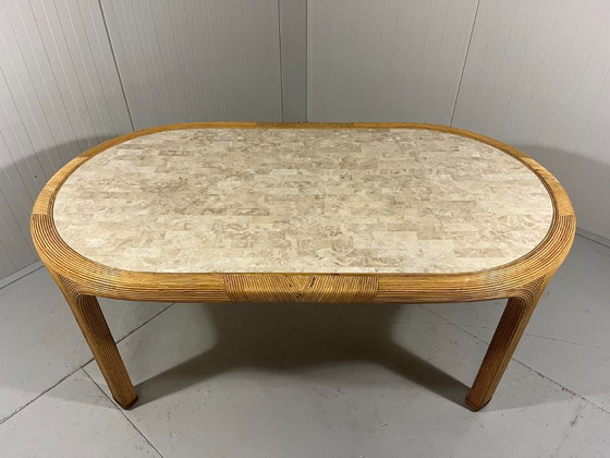 Image 1 of Vivai del Sud rattan and travertine dining table, Italy, 1960s