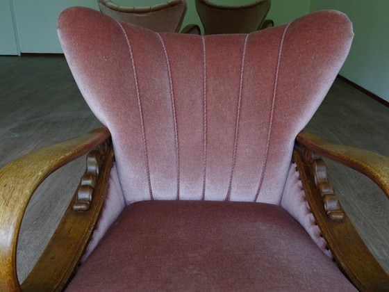 Image 1 of ⚠️ 2 sur 4 encore disponibles | Fauteuils club Art déco (env. 1920-1950) | Velours rose poudré | Chêne sculpté
