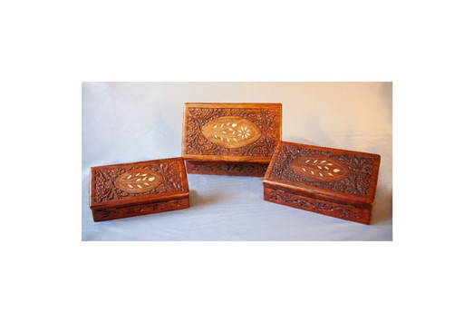 Set of antique carved wooden boxes with ivory inlays. New. Suitable for sewing, jewelry, or other purposes.