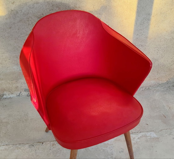 Red moleskin and wood cocktail armchair - 1960s, Side chairs (photo 7 of 8)