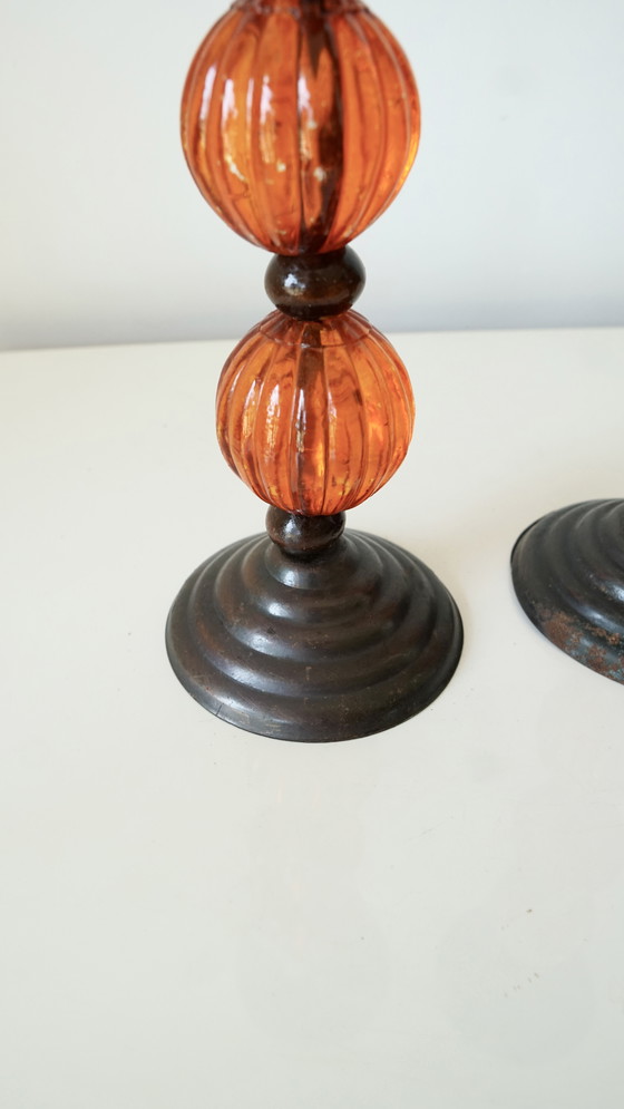 Image 1 of Pair of vintage candlesticks in metal and orange blown glass - 70s style