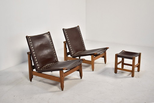 Paire de chaises longues en cuir avec tabouret par Arte Sano, Colombie, années 1960