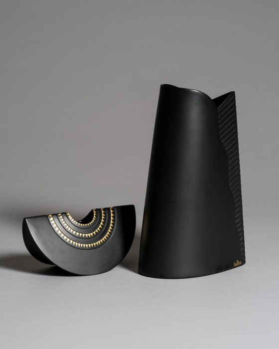 Image 1 of Rosenthal Porcelain Noire Vase Duo Uta Feyl “Memphis” & Ambrogio Pozzi “Totem"