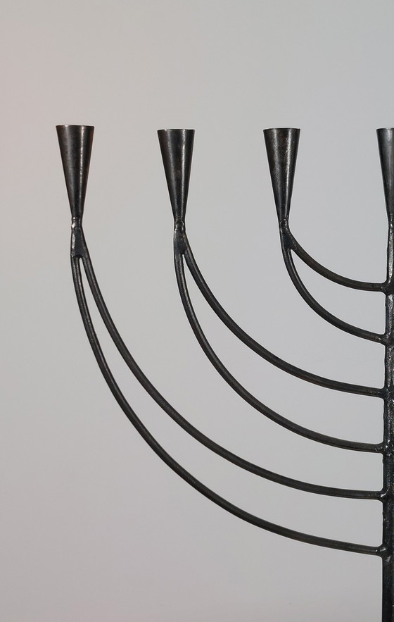 Image 1 of Hand-forged Swedish vintage menorah metal candlestick, 7-flame