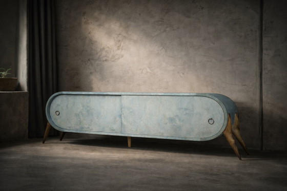 Image 1 of Vintage Mid-Century Modern Italian Turquoise Streamline Sideboard in Birch, 1960s