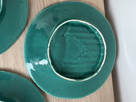 Image 1 of Splendido set di 4 piatti francesi Barbotine per asparagi – Maiolica turchese
