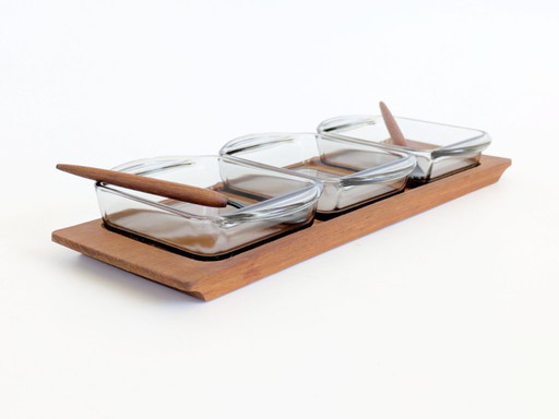 Danish Teak Serving Set, 3 Smoked Glass Bowls Original Spoon and Fork, Midcentury Kabaret Tray