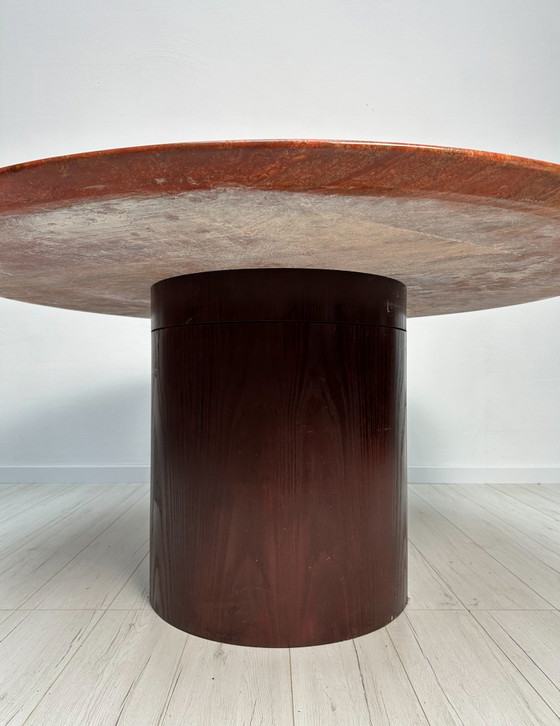 Image 1 of 1970s VINTAGE EXTRA LARGE ROUND RED TRAVERTINE DINING TABLE