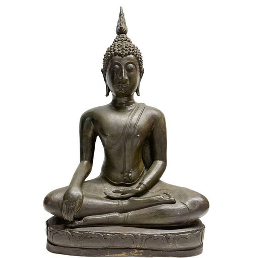 Antiguo Buda Sukhothai de Bronce Tailandés del Siglo XIX – Fundición Pesada Premium (47.5 cm / 12.6 kg)