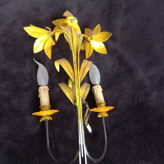 Image 1 of Paar antieke wandlampen XX plaatstaal Ijzer Bloemen Lelies vintage 20e eeuw